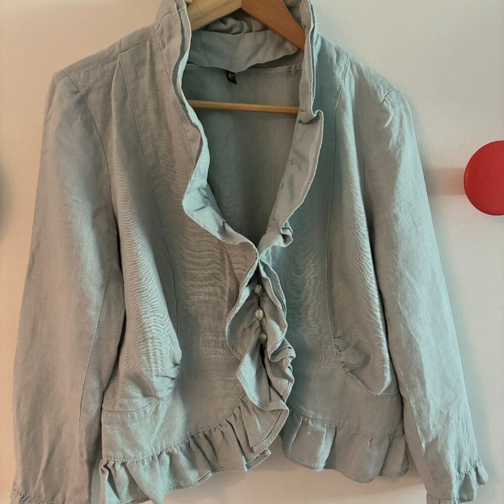 Pretty pale blue ruffled linen jacket - ANTHROPOLOGIE